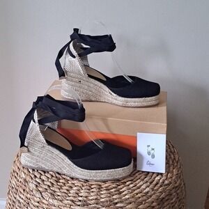 NWOT Castaner Womens Tina‎ 3.25" Wedge Black Canvas Espadrille Sandals EU38/US8